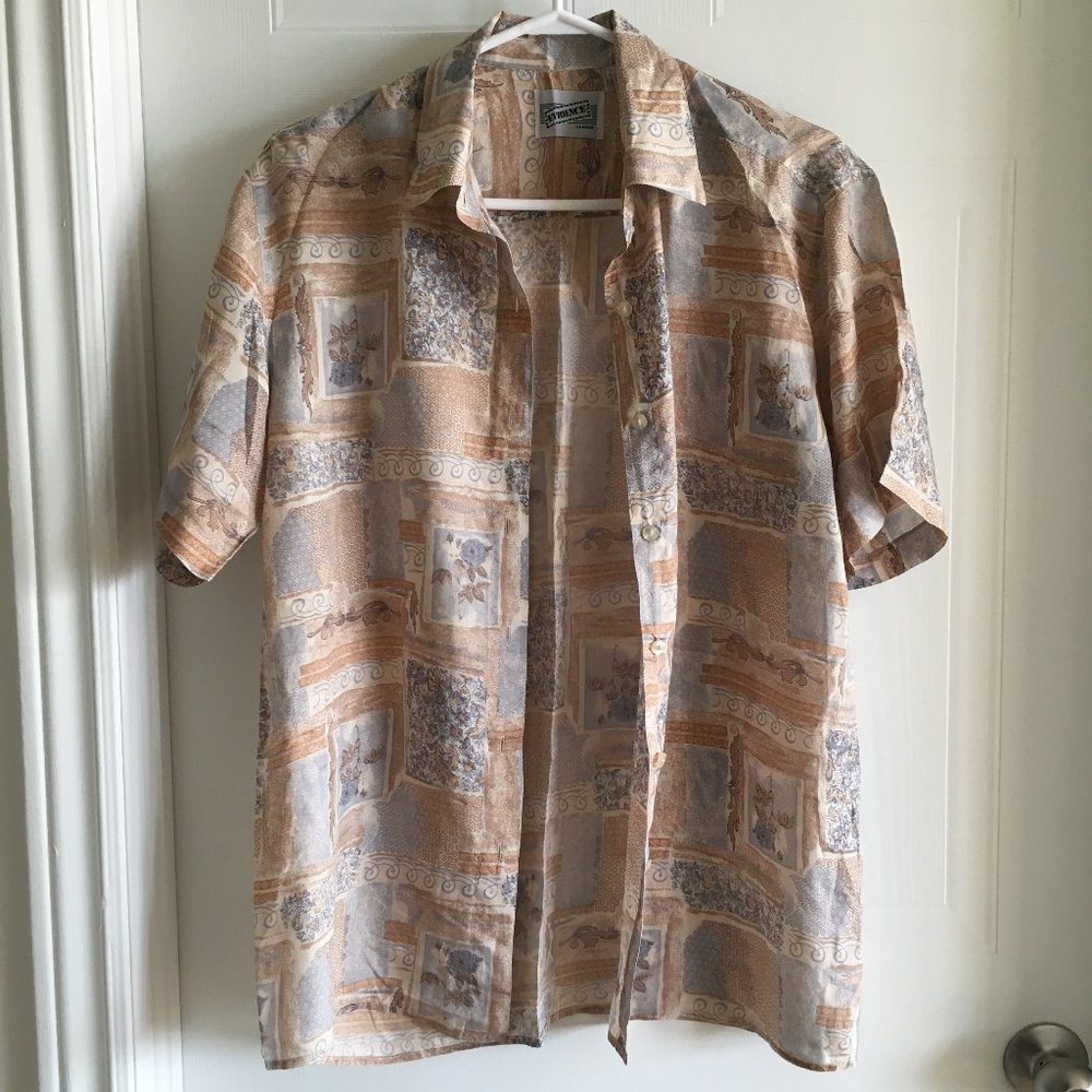 Vintage Floral Beige 100 % Silk Short Sleeve Shirt